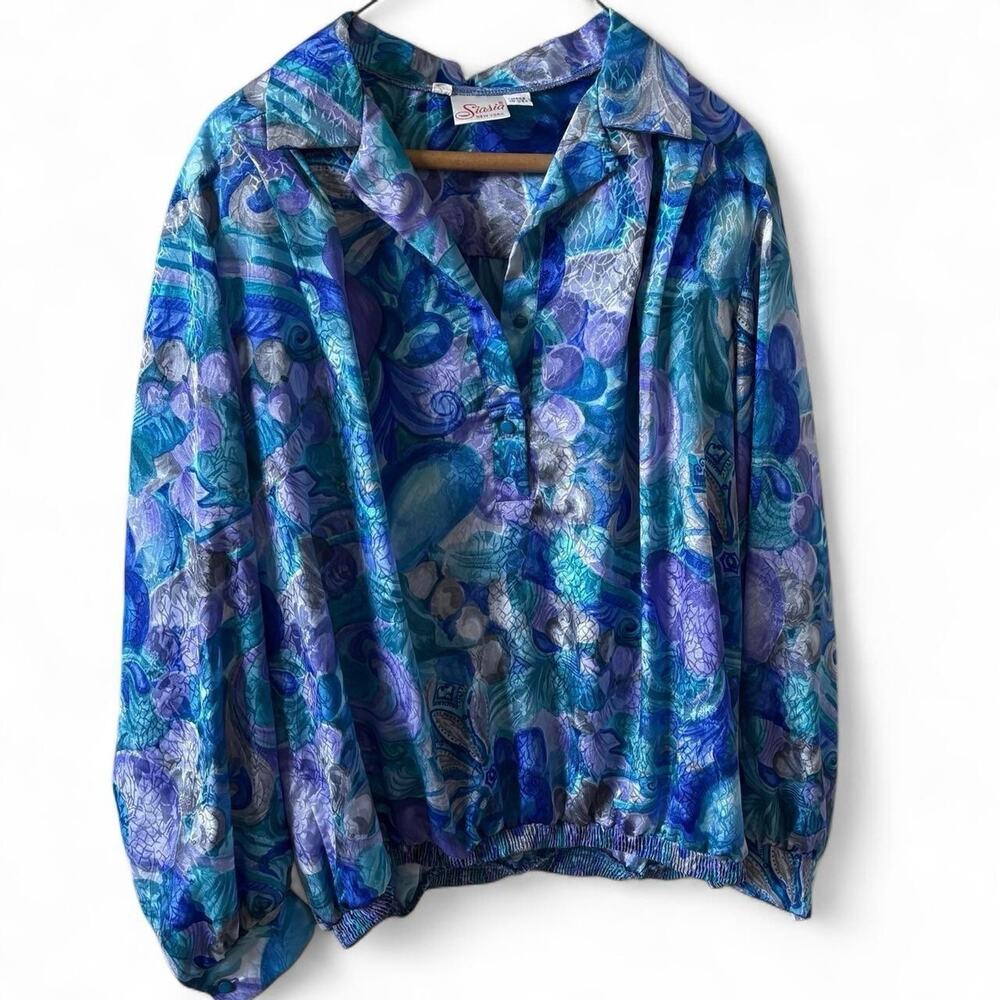 Vintage Siasia NY Blue Purple Grey Floral Abstract Blouse XL Made USA
